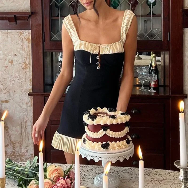 

Женское Плиссированное мини-платье на бретелях-спагетти 2024, пикантное облегающее платье-трапеция без рукавов с квадратным вырезом, полуночная модель, Клубная одежда L087