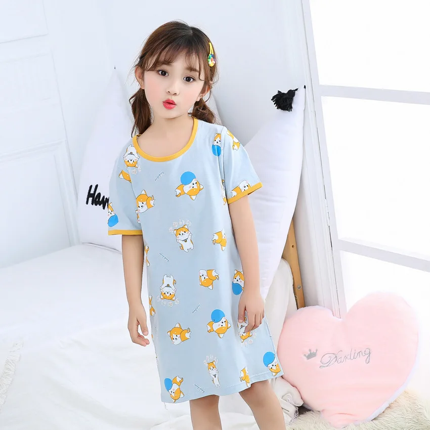 WSLCN Fille Chemise De Nuit Filles à Manches Longues En Coton Printemps Automne Enfant Mignon Pyjama Robe De Nuit Nuisette Vêtement De Nuit Sleepwear 4-5 Ans A
