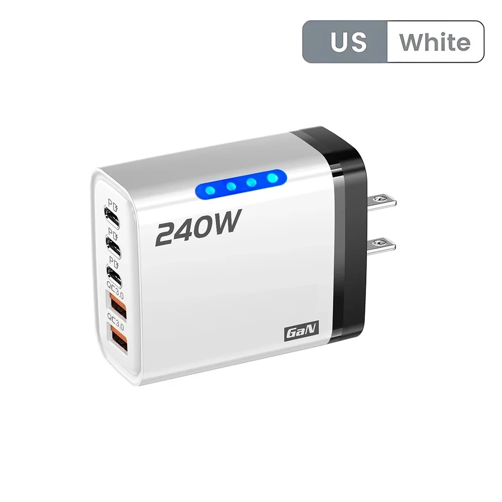240W 5 Ports USB C Desktop Charger PD 3.0 QC 3.0 Fast Charging Station Multi-Port Adapter for Laptop Tablet Power Bank Earbuds