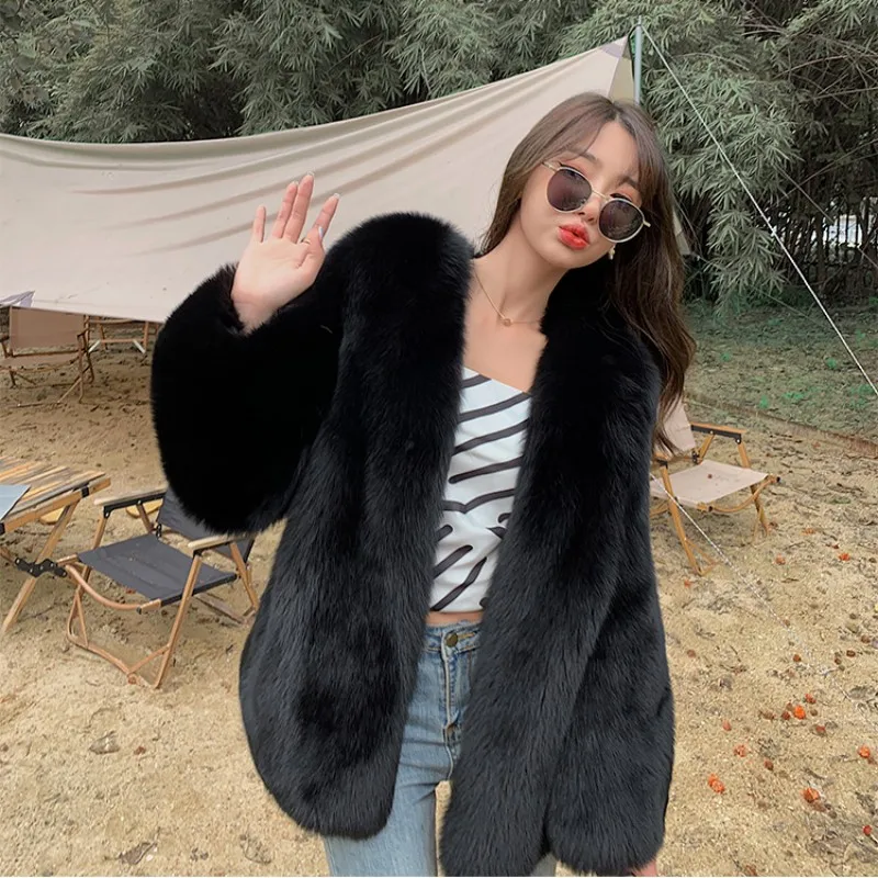 

2023 New Fashion Blue Fox Fur Coat Women V-neck Black 100% Real Fox Whole Skin Fur Winter Thick Soft Warm Fox Fur Jacket