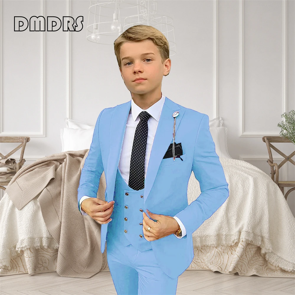 

3 Pieces Boys Formal Suit Set, Solid Notched Lapel Classy Kids Blazer Pants Vest, Children Clothing Slim Fitting Tuxedo Sets