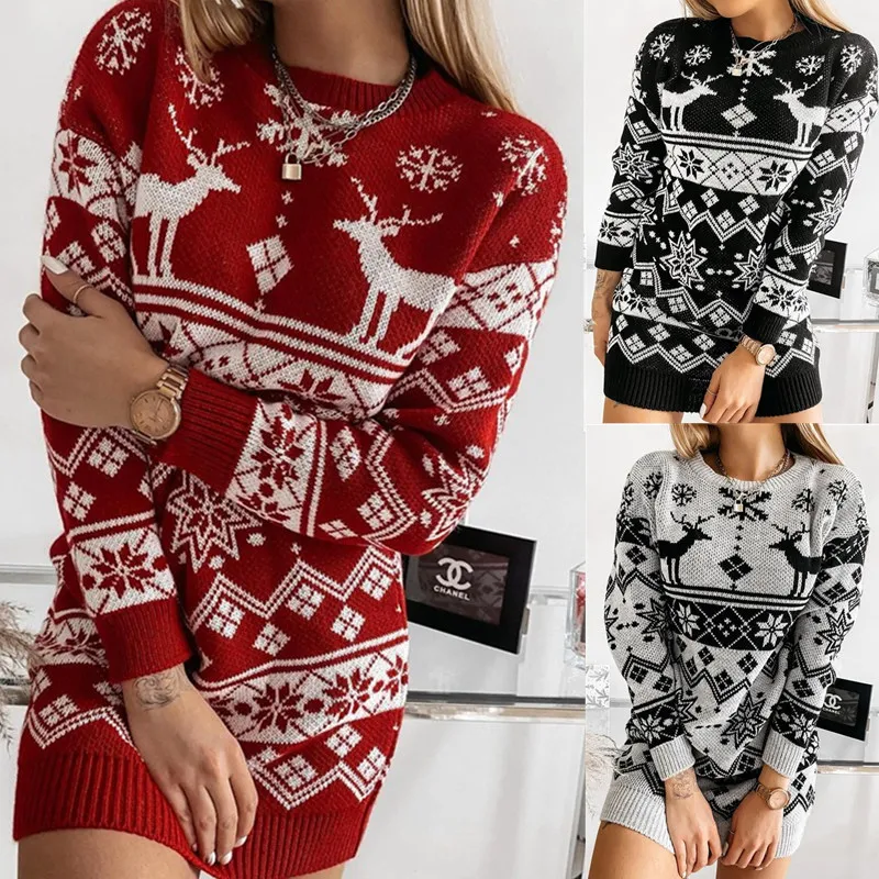 

2023Christmas Me Women's New Sweater Wish Elk Snowflake Christmas Jacquard Knitted Dress