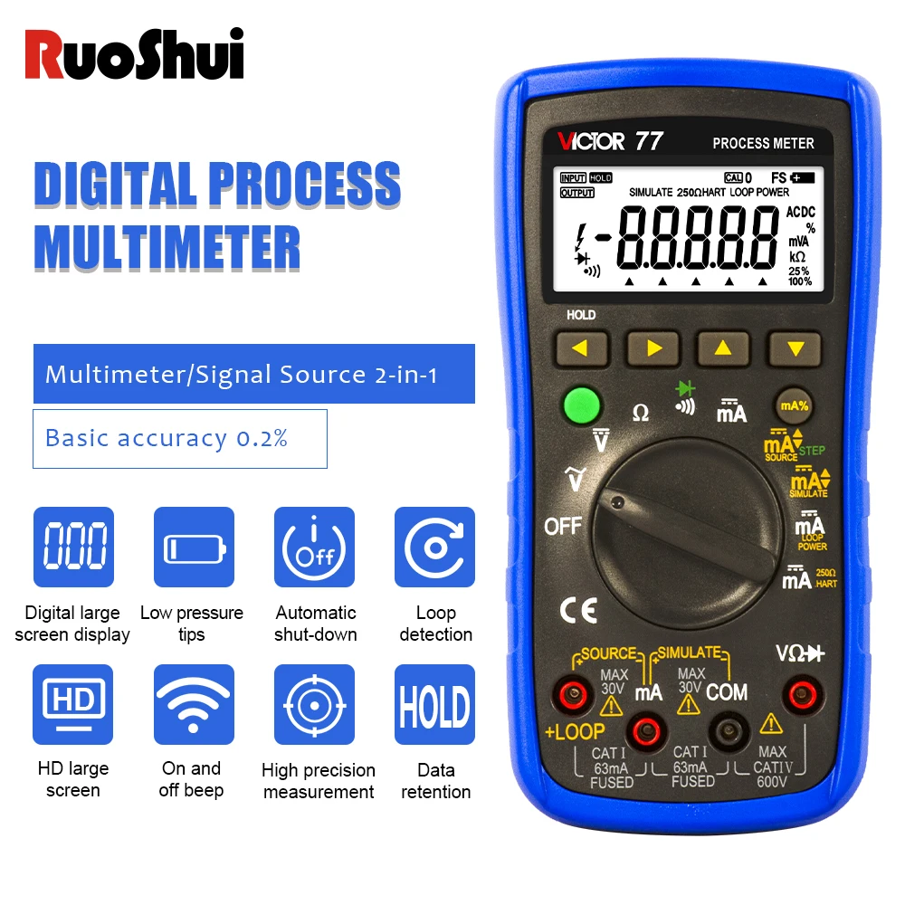 

RuoShui 77 Process Meter Signal Source Digital Multimeter Loop Supply Simulate Transmitter Ohms Diode Output Process Calibrator