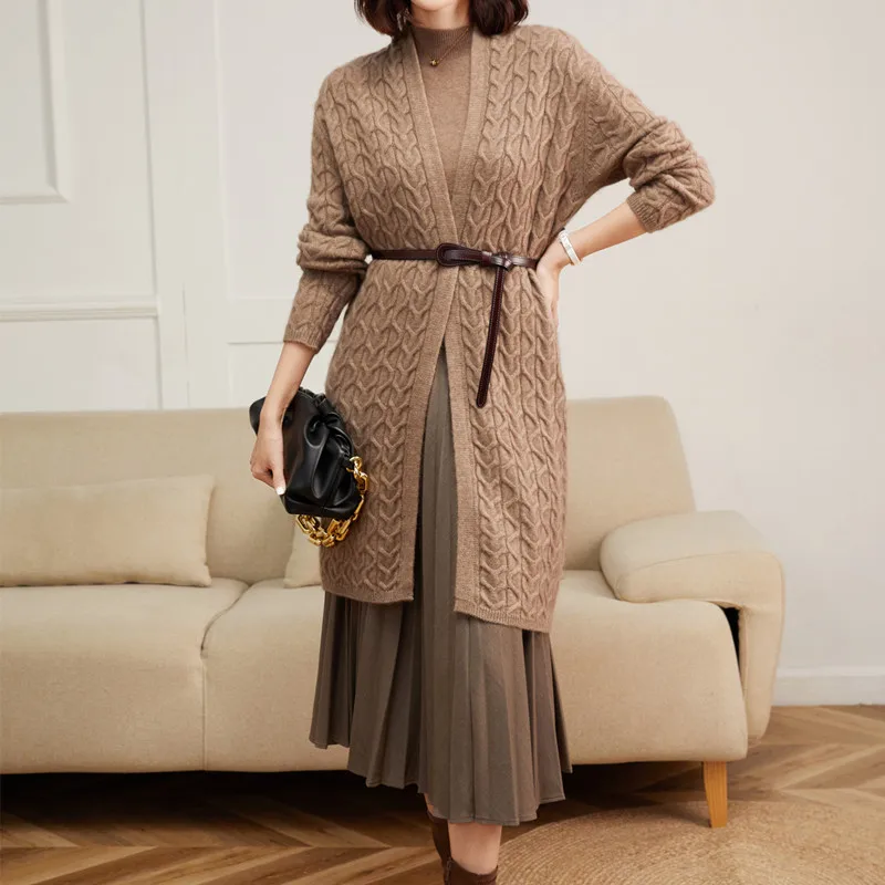 

High-End Women's Wool Cardigan Long Ladies Jacket Autumn Winter Thickened Lace-Up Sweater Loose Whole Body Twisted Flower Coat