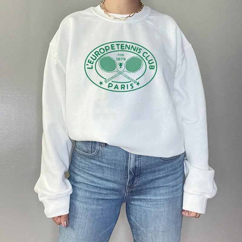 

L'EUROPE Tennis Club Paris Retro Style White Jumper Long Sleeve Loose Cotton Crewneck Autumn Winter Pullover 80s 90s Sweatshirts