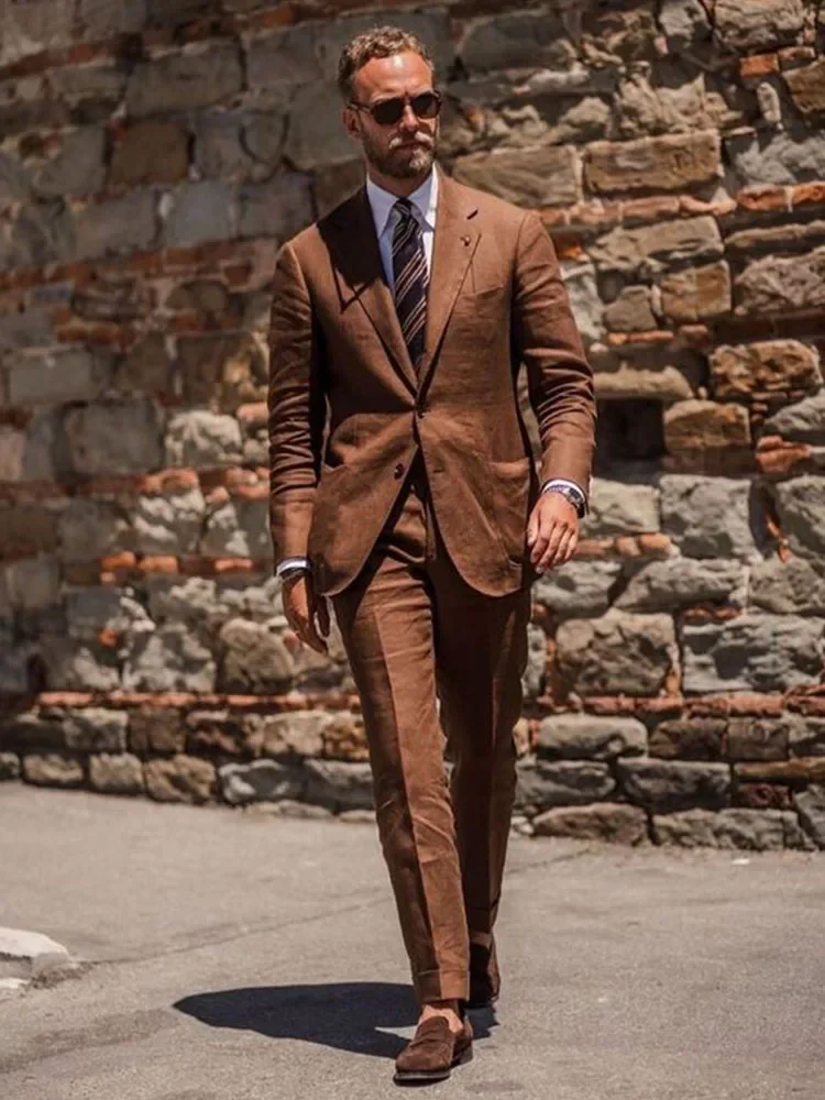 brown men linen suit