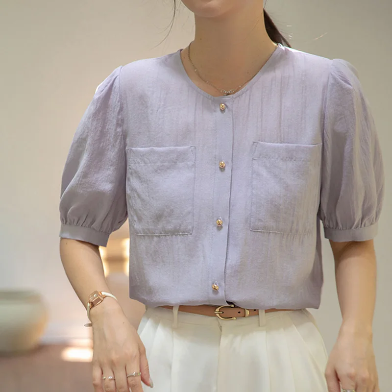 

Блузка женская хлопковая с коротким рукавом, на пуговицах, лето 28090