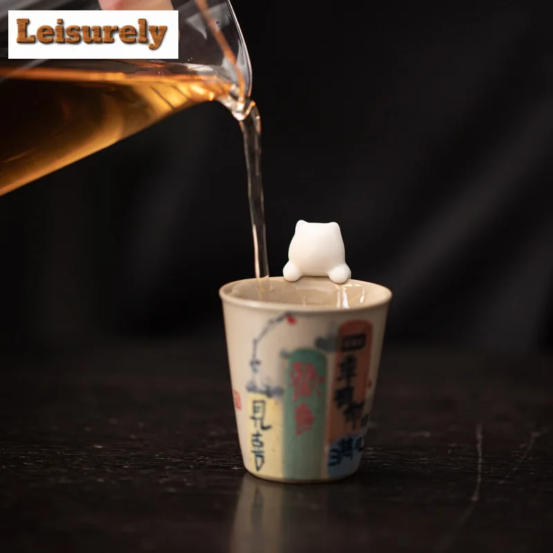 Creative Ceramic Cat Water Cup Edge Pendant White Porcelain Tea Figurine Crafts Tea Pet Ornament Room Tea Ceremony Accessories