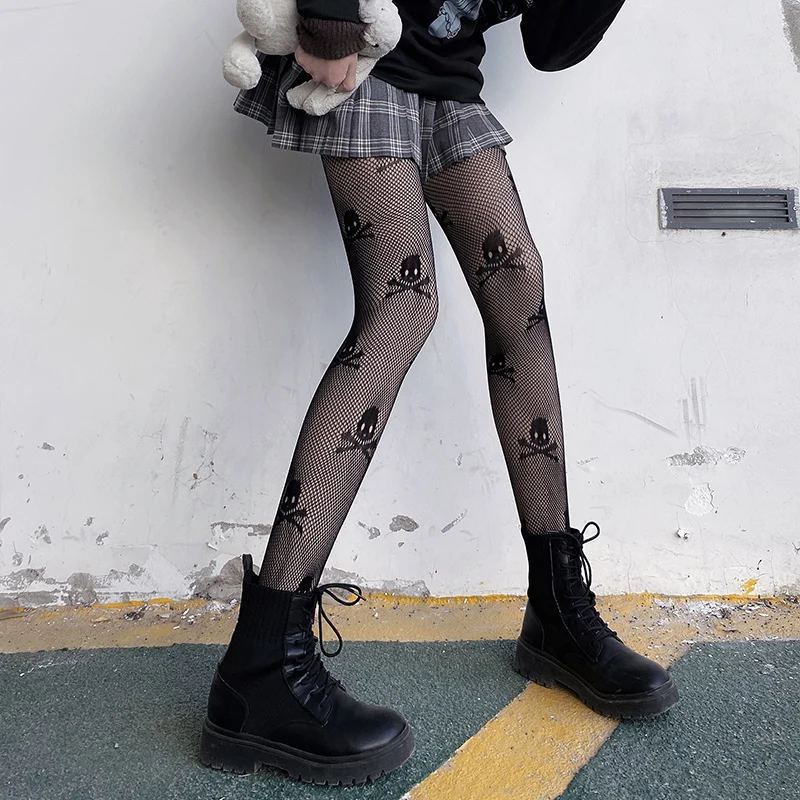 Skull Goth Tights Pantyhose Anime Stockings Gothic Woman Mesh Netting Nylons Luxury Open Striped Sexy Net Fake Network Leopard |
