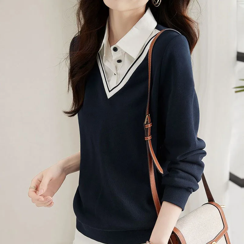 Stylish Polo-Neck Fake Two Pieces Patchwork Knitted Shirt Solid Color Chic Button Women's Clothing Korean Long Sleeve Blouse New