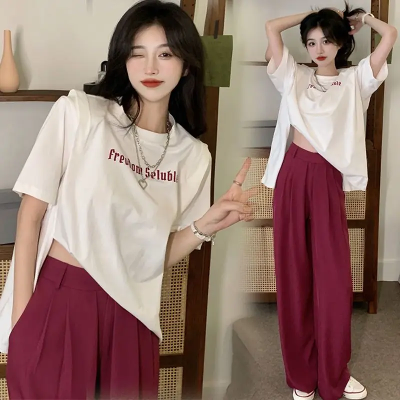 Summer Large Size Women's Wear Slimming Meat Covering Light Mature Salt Split Top High Waist Wide Leg Pants Two-piece Suit