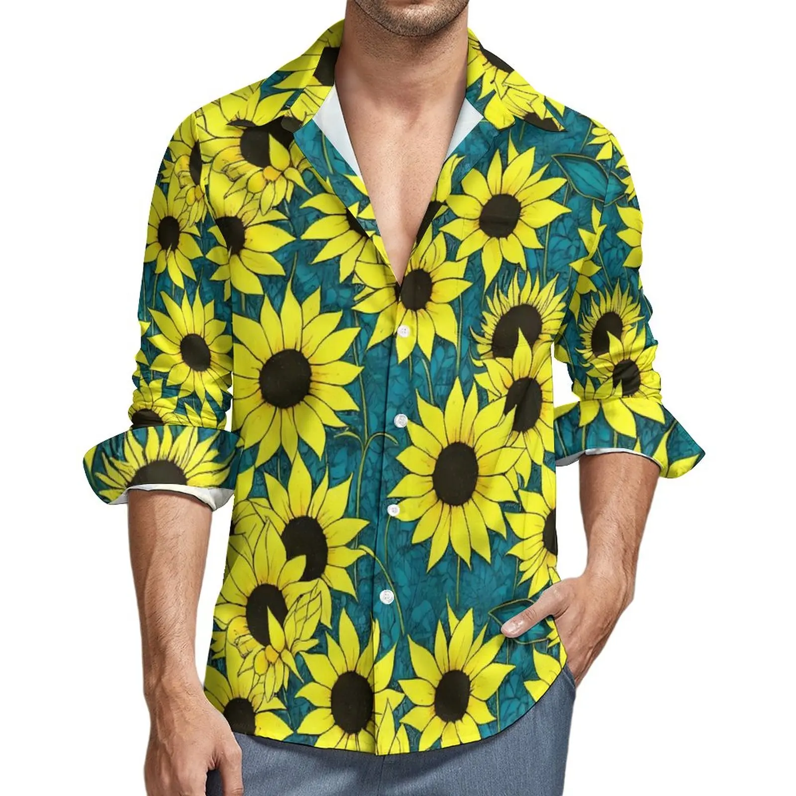 

Sunflower Print Y2K Casual Shirt Male Yellow Flowers Shirt Autumn Cool Blouses Long Sleeve Design Oversized Clothing