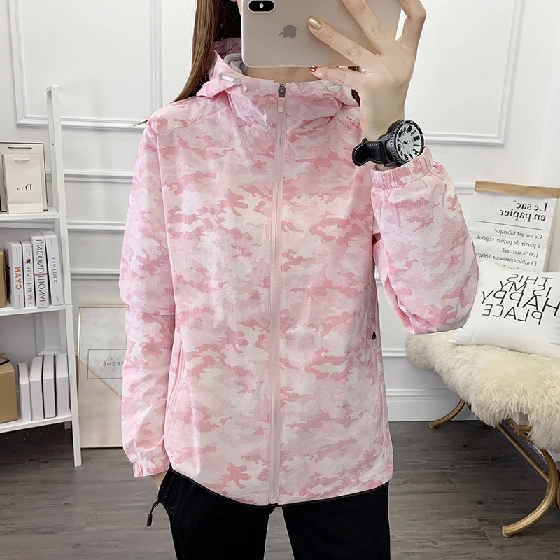 Spring Autumn Women's Hooded Solid Pockets Zipper Shirring Camouflage Long Sleeve Cardigan Coats Fashionable Casual Loose Tops
