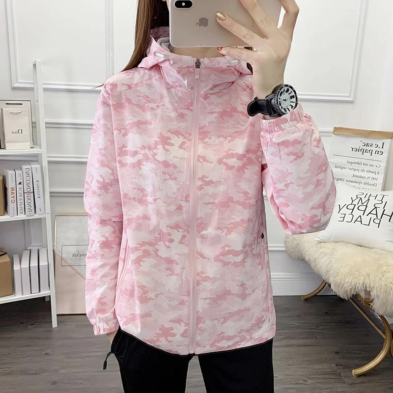 Spring Autumn Women's Hooded Solid Pockets Zipper Shirring Camouflage Long Sleeve Cardigan Coats Fashionable Casual Loose Tops повязка buff crossknit headband solid camouflage 126484 866 10 00