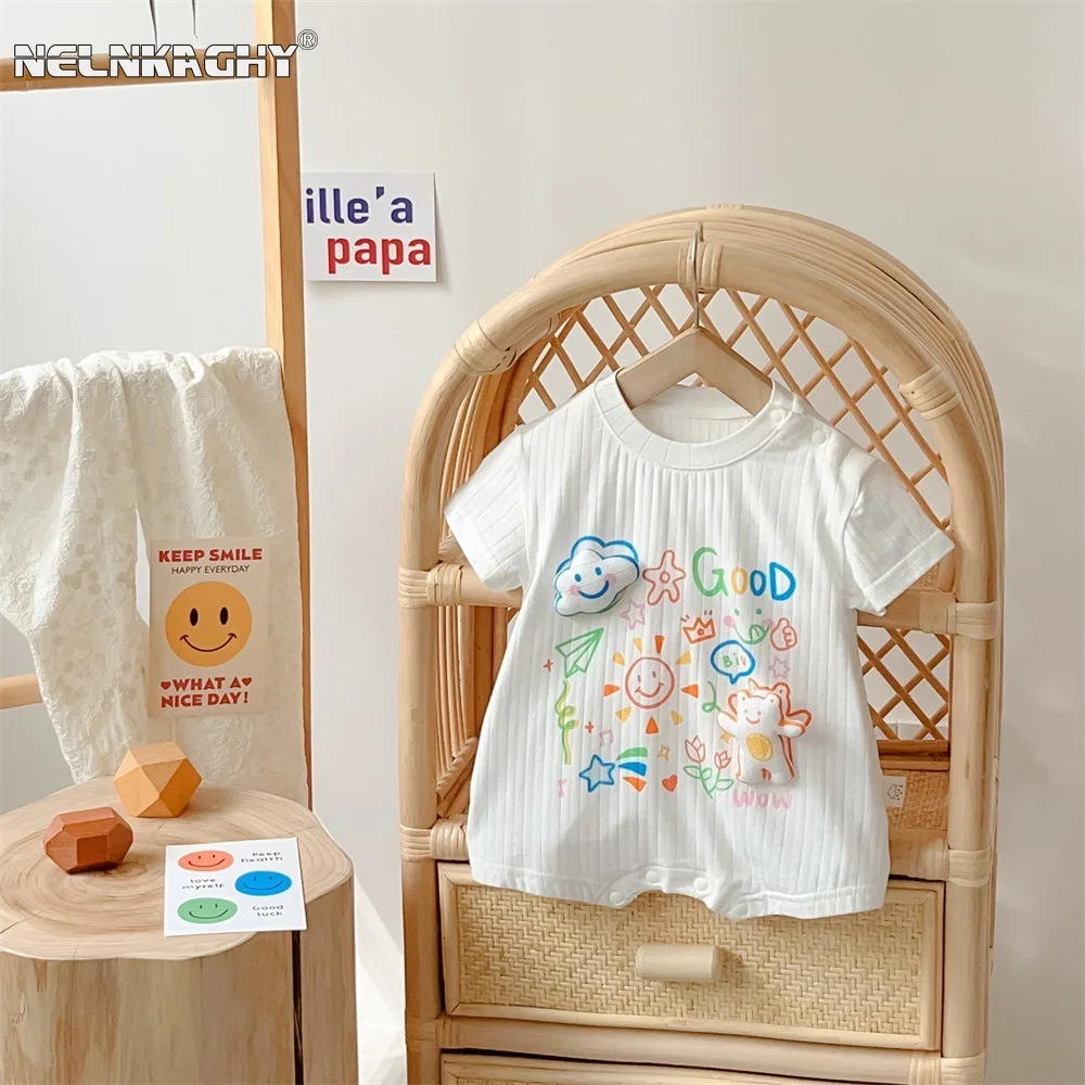 

2024 Summer New in Kids Infant Boys Girls Clothing - Newborn Baby Cool Short Sleeve 3D Cloud Bear Letter Romper 0-24M