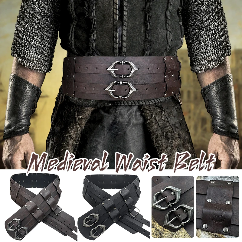 

Medieval Renaissance Viking Knight Wide Waist Belt PU Leather Retro Embossed Buckle Waistband Steampunk Gothic Cosplay Props