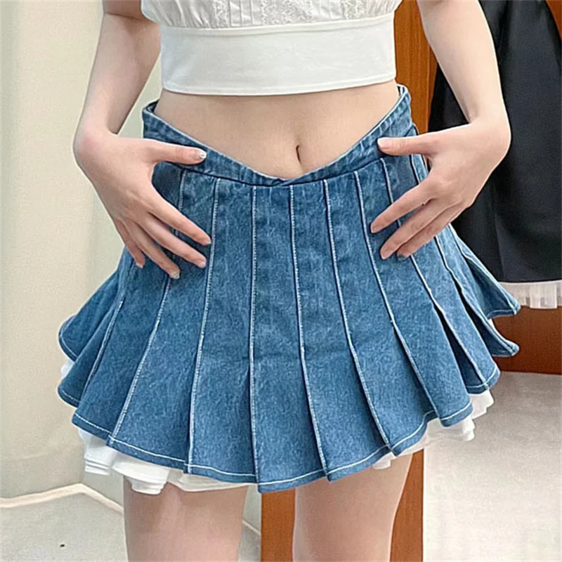 

Женские юбки, Новинка лета 2024, корейская модная сращенная Женская юбка средней длины, мини-юбка из чистого хлопка в стиле ретро, плиссированная юбка, джинсовая юбка
