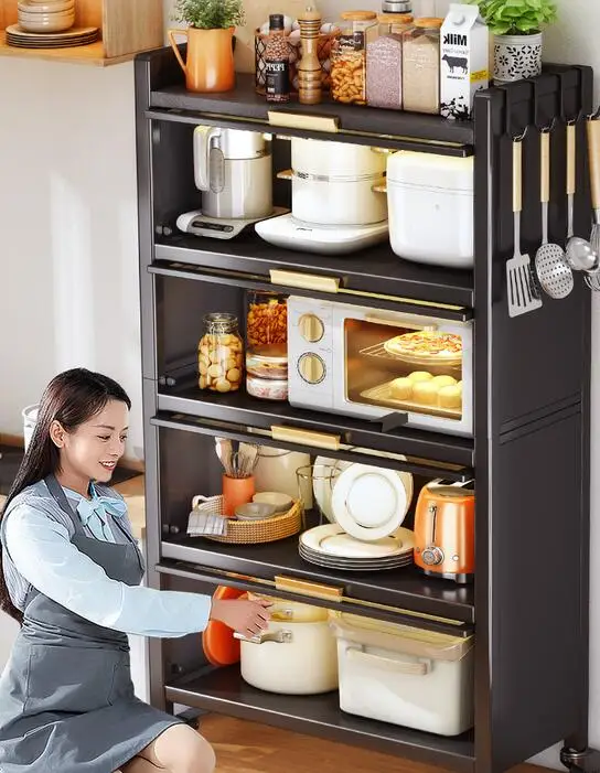 Étagère de cuisine avec porte d'armoire, armoire de rangement  multi-distributeurs au sol, four à micro-ondes multifonctionnel, pot, four  - AliExpress