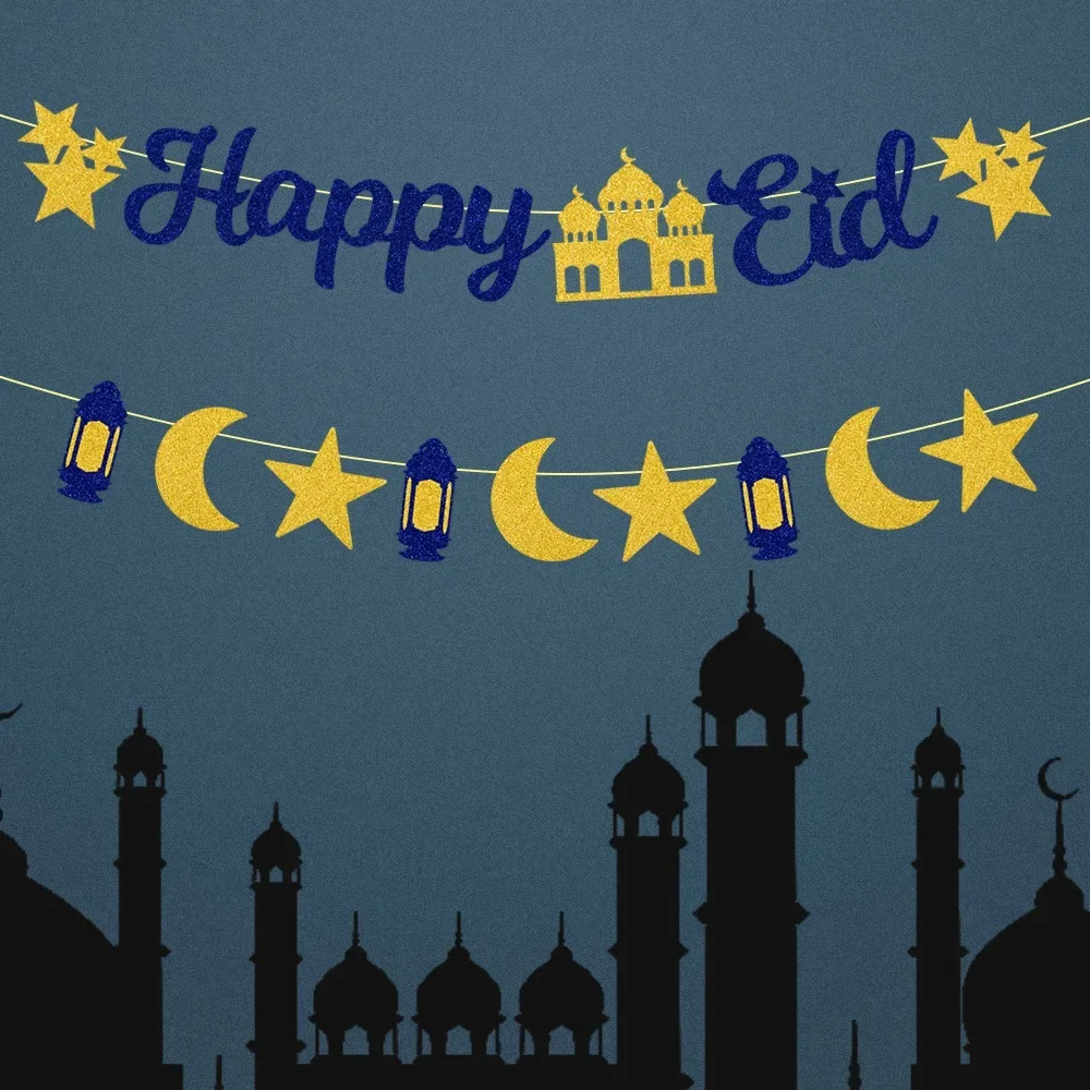 Modrá zlato eid mubarak prapor hvězda luna hrad závěsný přívěsky ramadánu muslimové girlanda št'astný eid mubarak večírek dekorace