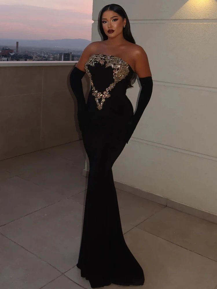 altrd state black dress Gold Rhinestone Tassel Long Sleeve Black Velvet Mermaid Prom Dress