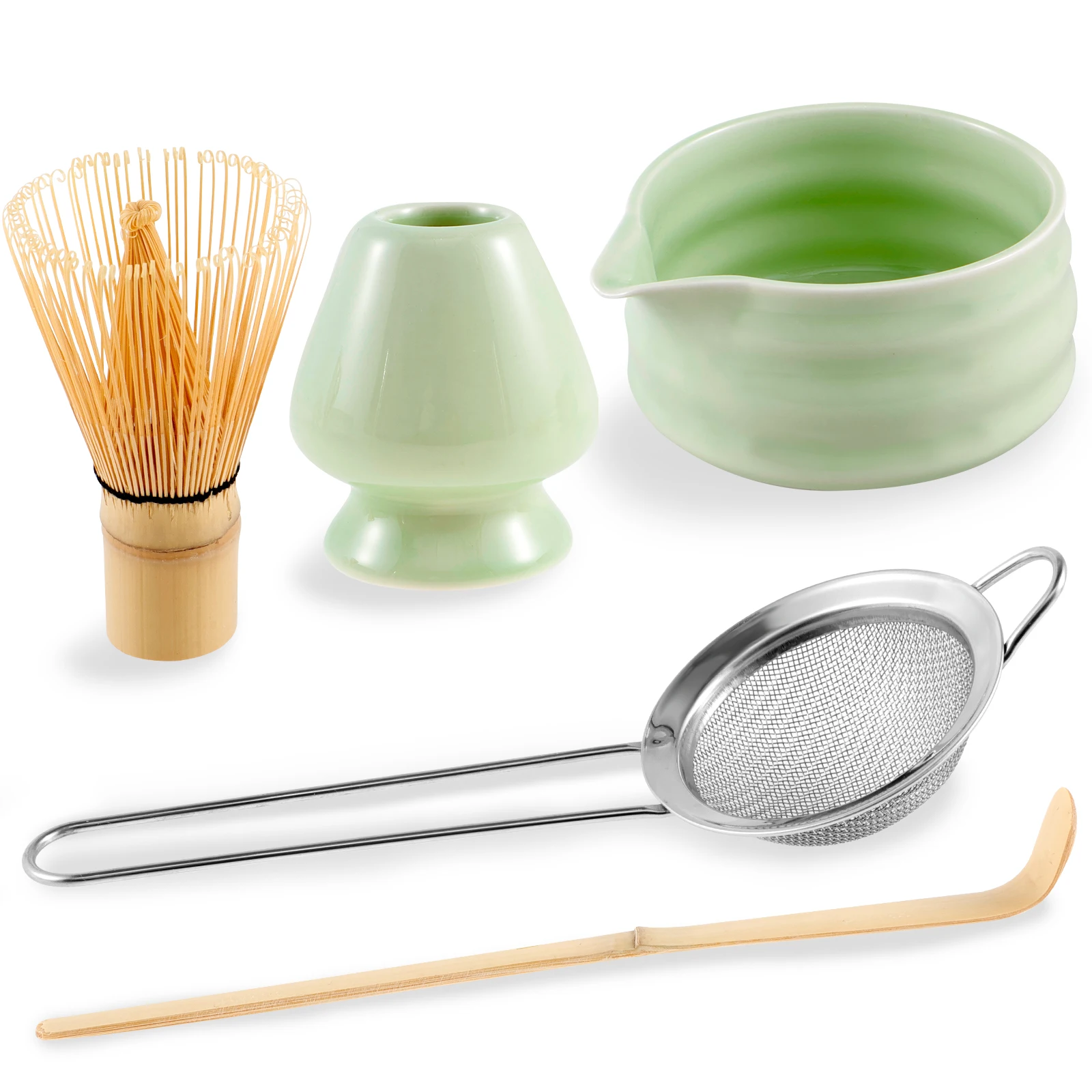 7-Piece Matcha Set With Bowl, Whisk, Holder, Scoop & Sifter | Pink Spots Japanese Tea Ceremony Kit