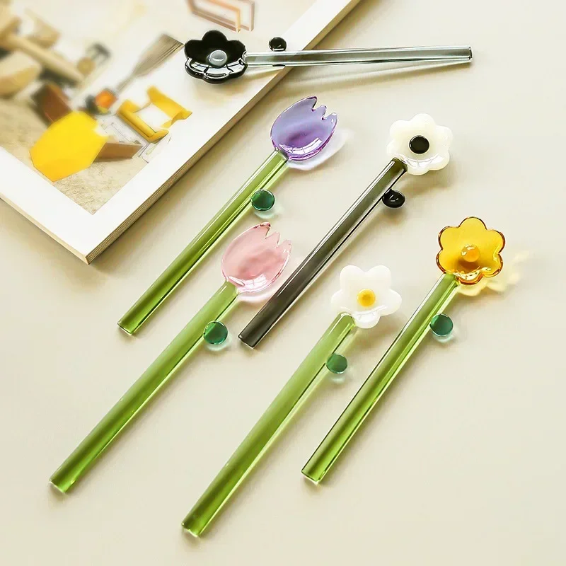 

Creative High Borosilicate Colored Clear Glass Spoon Long Handle Cute Flower Ice Cream Dessert Spoon Coffee Stirring Spoon