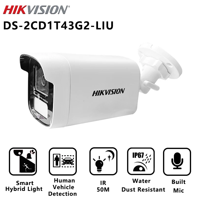 Hikvision Smart hybrid Light DS-2CD1T43G2-LIU 4MP Security Camera system Built-in MiC IR 50M IP67 Outdoor POE Surveillance CCVT