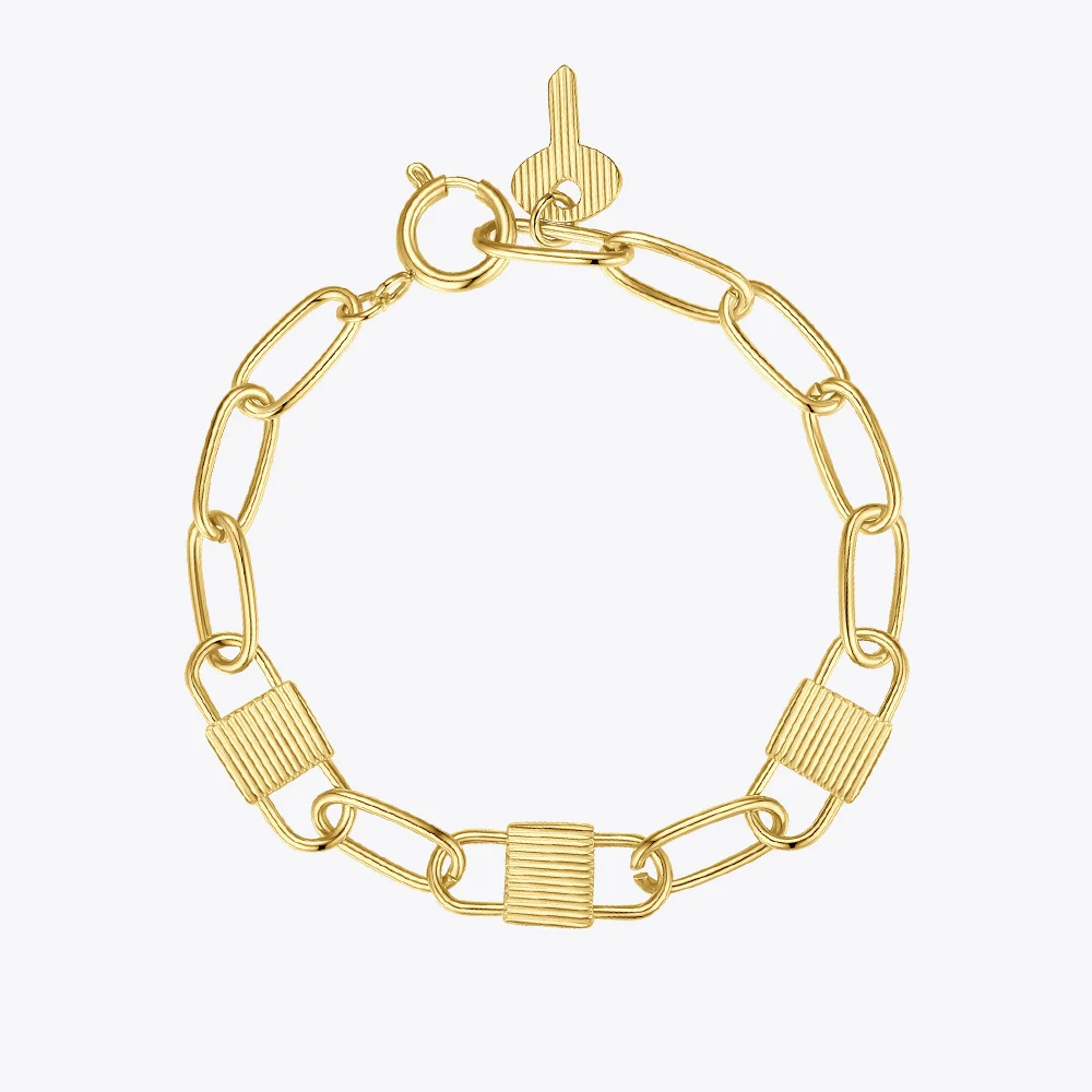 ENFASHION Goth Lock Key Bracelets For Women Gold Color Stainless Steel