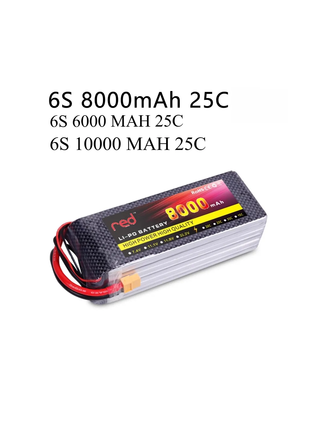Vue de dessus de batterie Lipo 6S 25C 10000mAh, étiquette indiquant spécifications.