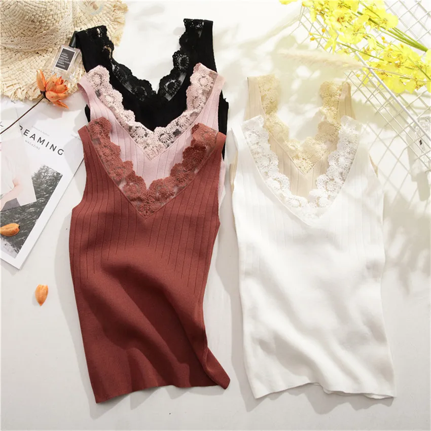 

New Spring Big Size Women Ice Silk Knitted Vest Solid Lace Tank Summer Outfits Lady Elastic Tanks Girl Slim Tops Bottomings 732