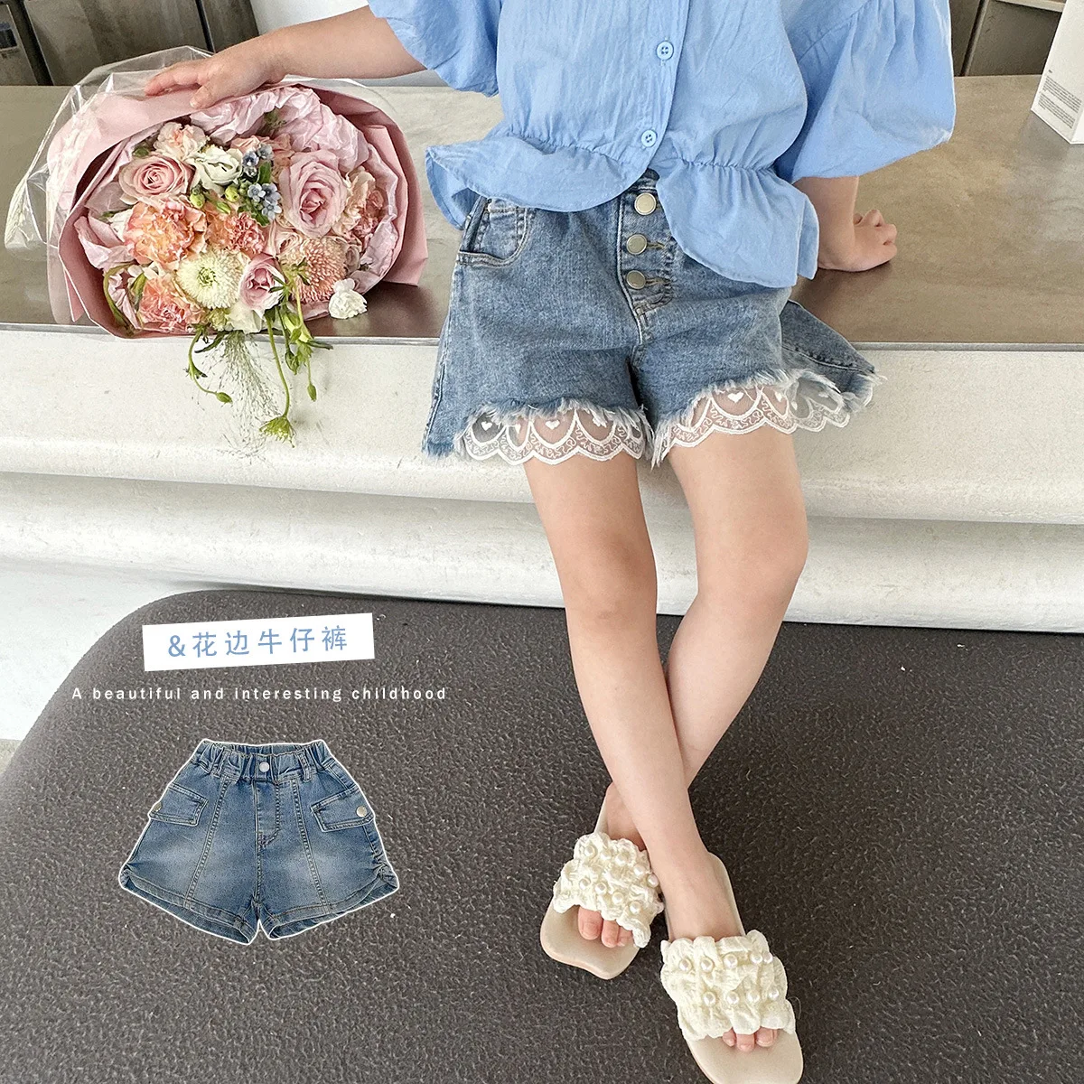 

2023 New Pants for Kids Autumn Trousers Enfant Garcon Kid Fashion Lace Blue Denim Short Pants Baby Girls Boys Pants 18M-7T