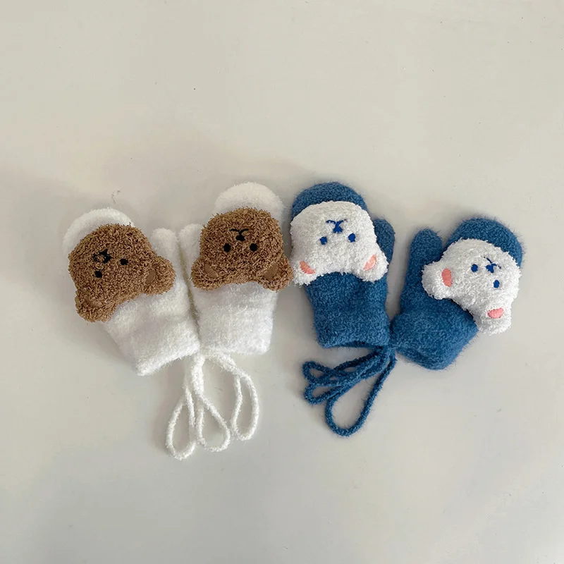 1-4Y Cartoon Bear Baby Wool Mittens Winter Warm Kids Girl Doll Gloves Knitted Children Toddler Thick Teething Mittens
