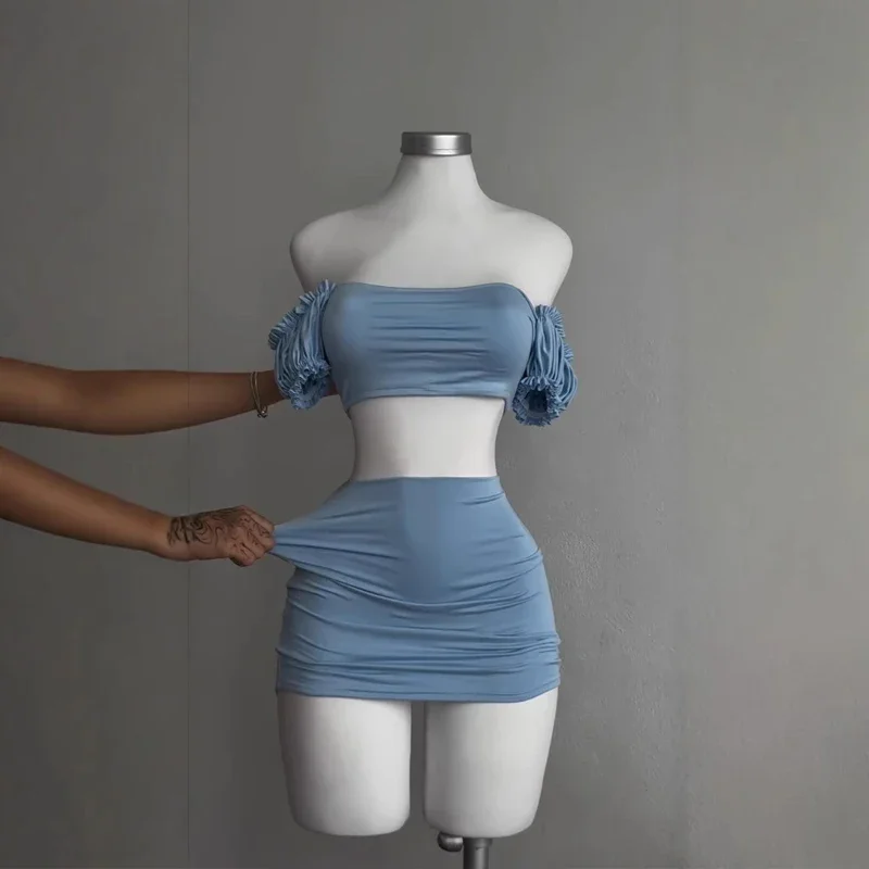 Women's Beach Skirt Fashion Hollow Pleated Tube Top Bubble Sleeve Top Hip Wrap Sexy Hottie Short Skirt Sky Blue Two-piece Set