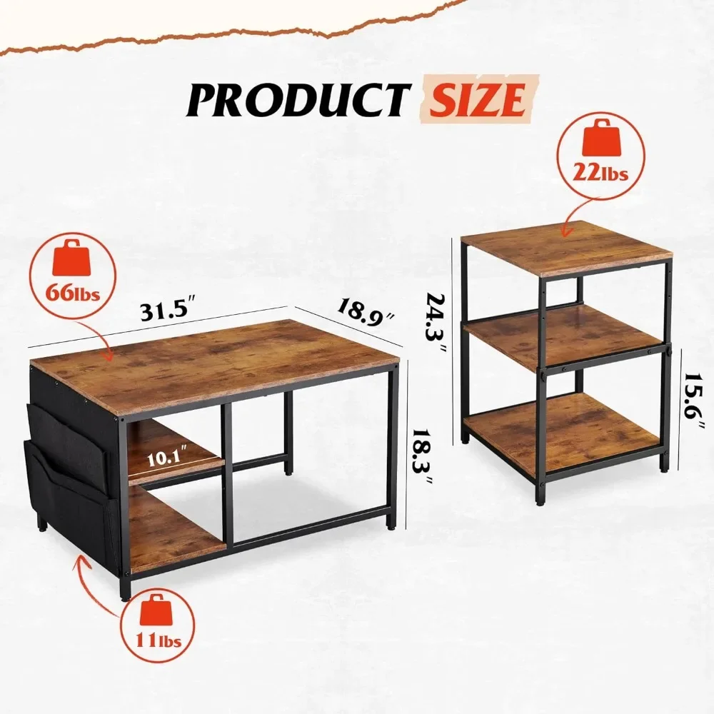 Coffee Table for Living Room,Adjustables Coffee Table Set of 2 with End Tables,Small Industrial Tables with Side