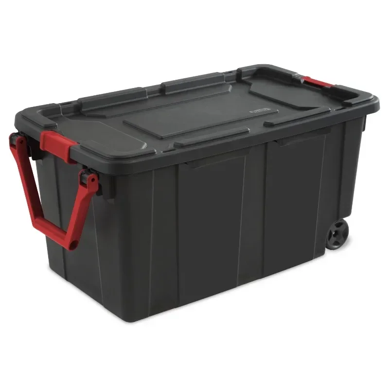 

40 Gallon Wheeled Industrial Tote Plastic, Black/Clear Base/Purple Latches, Set of 2