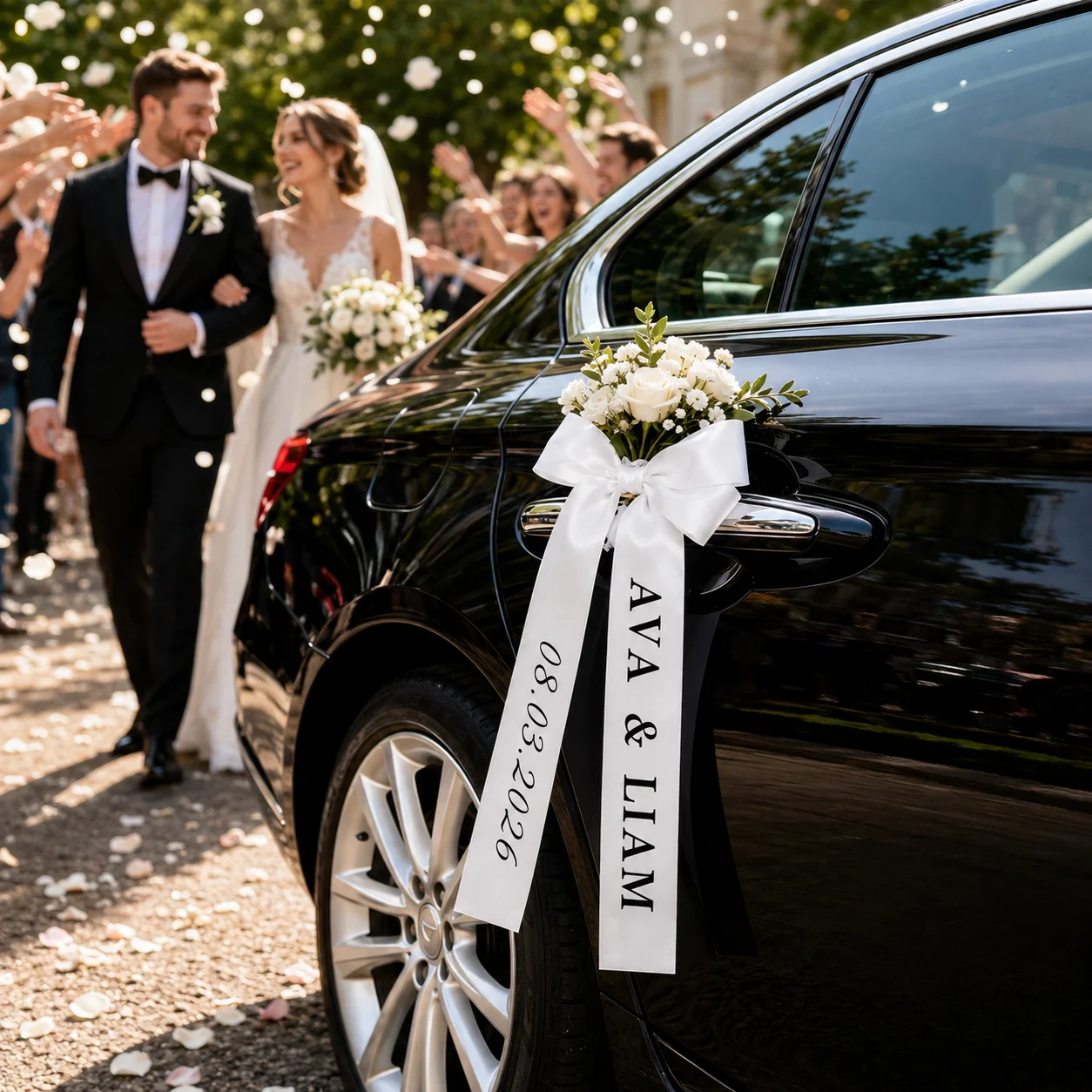 Personalized Wedding Car Ribbon with Custom Text – Elegant Satin Bow Tails for Bridal Decor and Gifts