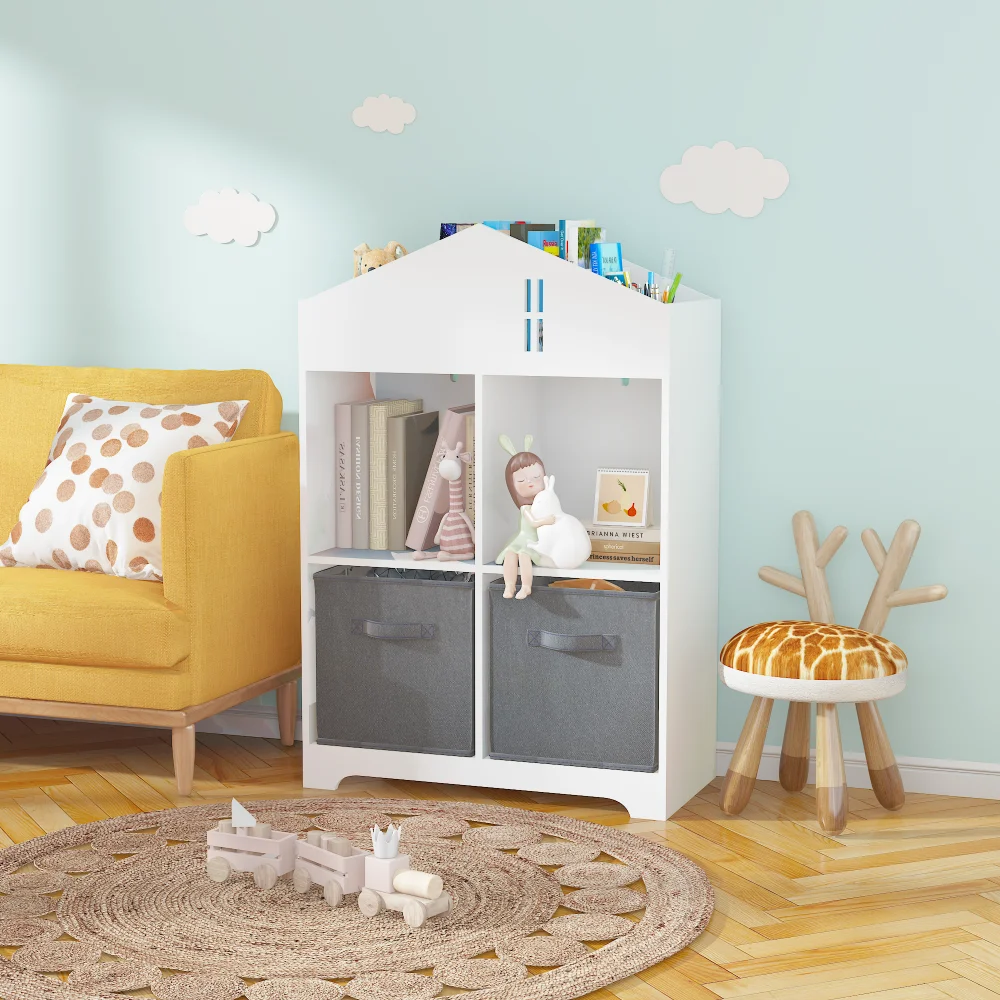 Kids Dollhouse Bookcase with Storage, 2-Tier Storage Display Organizer, Toddler Bookshelf with 2 Collapsible Fabric Drawers 3