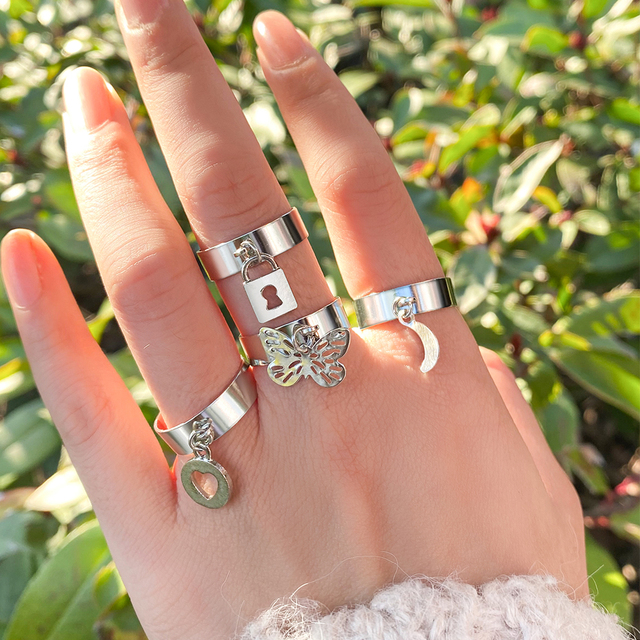 Silver Color Skull Heart Rings Set For Women Men Gothic Chain Retro Rings 2021 Trend Fashion Jewelry