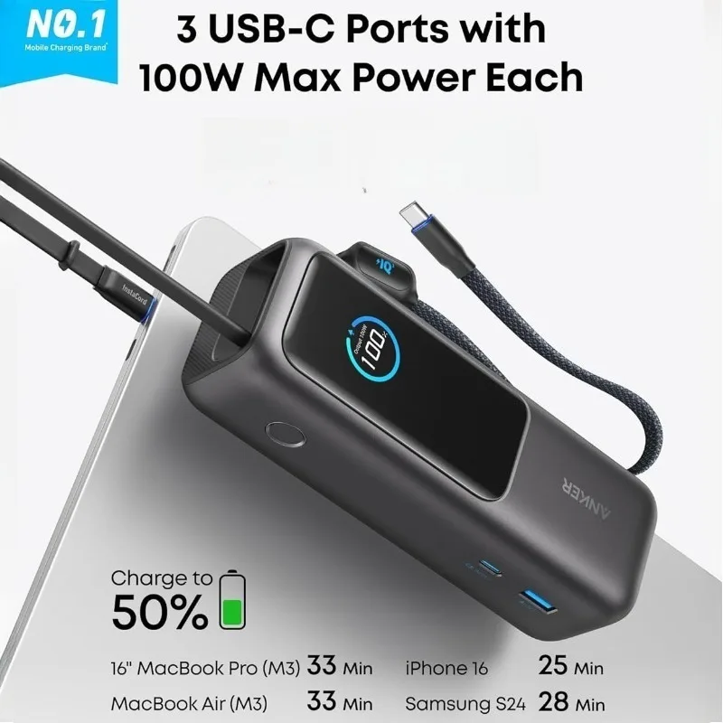 25000mAh165W Built-in Cables Anker Power Bank Ultra-Fast Portable Charger for IPhone Samsung Dual Laptops Multi-Device Charging 3