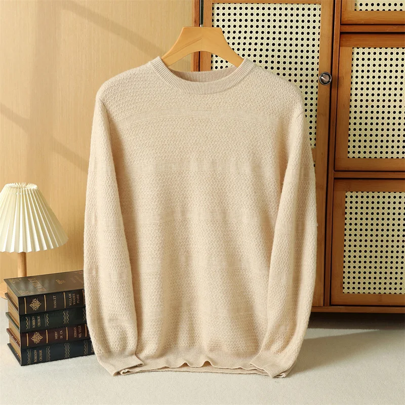 Men's High-end 100 Pure Cashmere Knitted Corrugated Round Neck Sweater Winter Warmth Pullover Solid Color Autumn Cold Top
