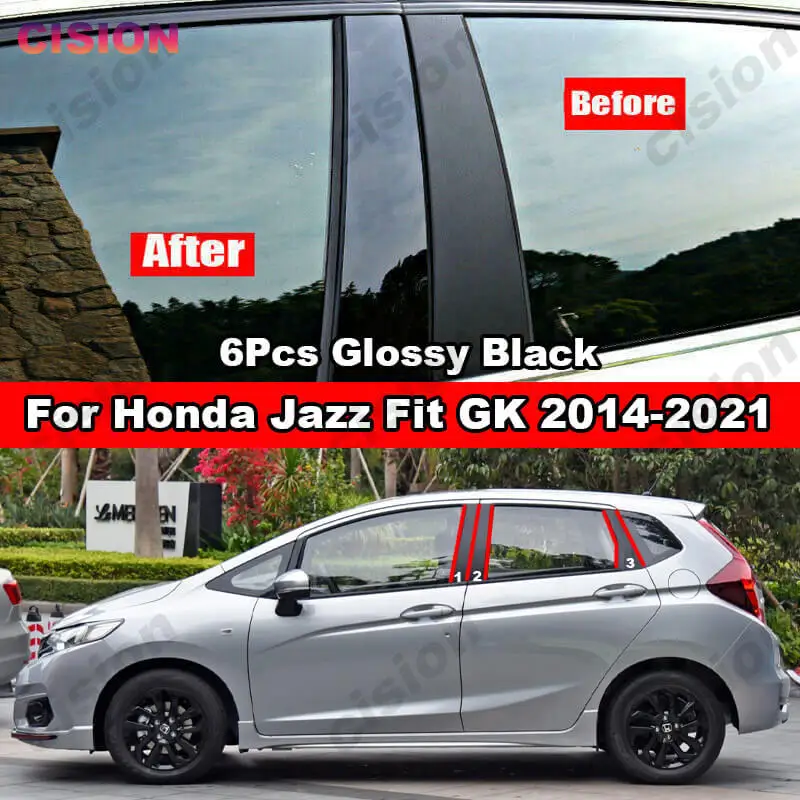 For Honda Jazz Fit GK 2014-2021 Mirror Effect Window Door Column B C Pillar  Post Cover Trim Carbon Fiber Glossy Black PC Sticker