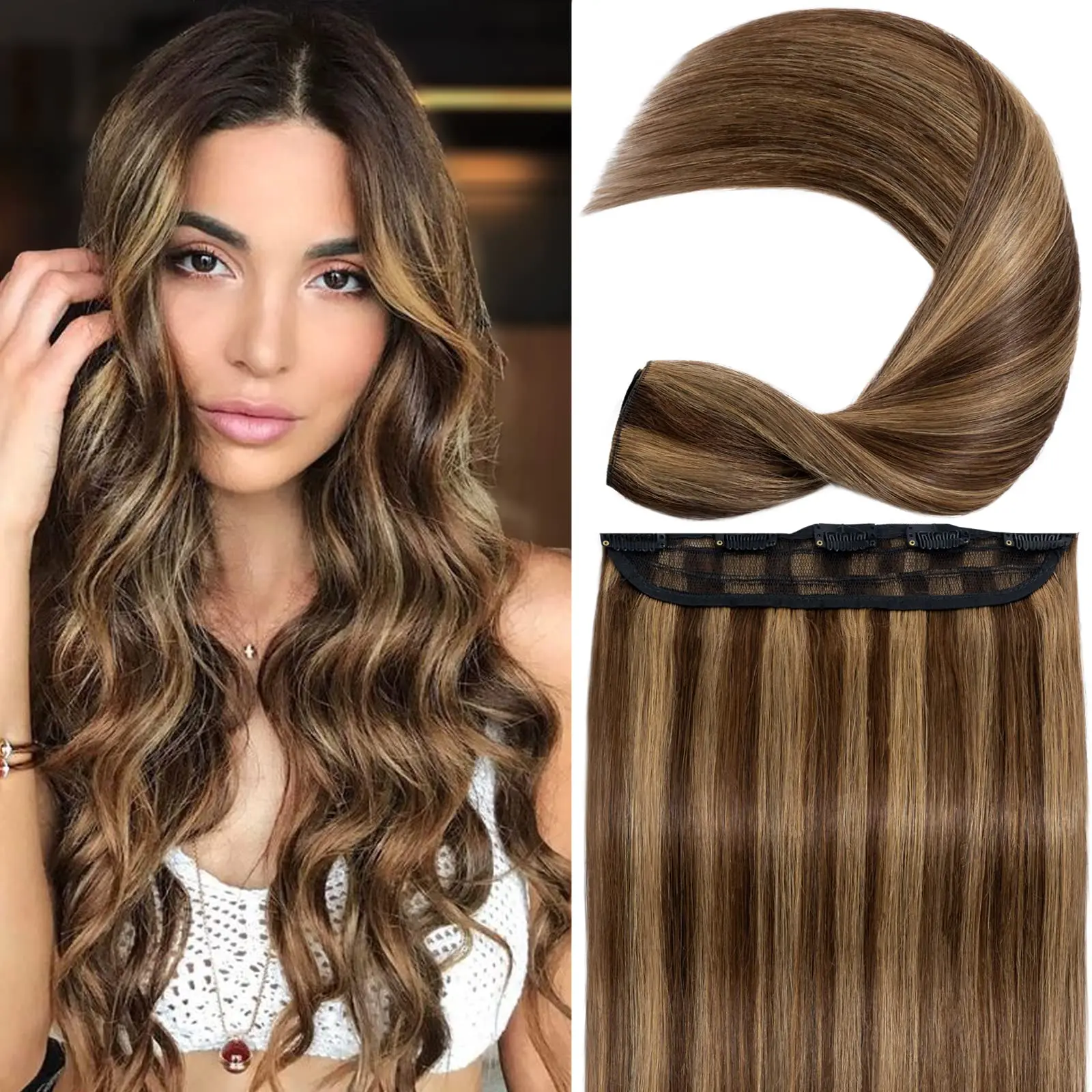 Clip in Human Hair Extensions One Piece/5 Clips 3/4 Full Head-Thicker Standard Weft #4/27 Medium Brown/Dark Blonde Huamn Hair