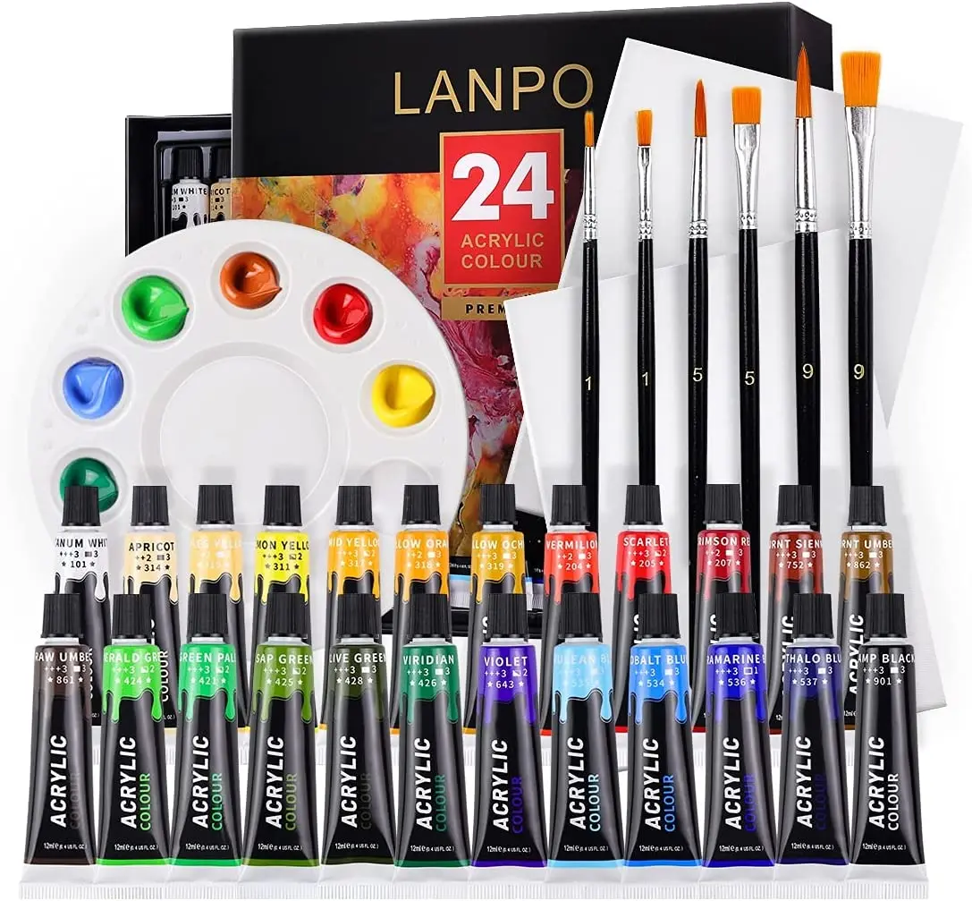 Acrylic Paints Set - 24 Colors Art Painting Kit Supplies for Wood,Canvas,Fabric,Rock,Glass, for Kids,Beginners and Artists