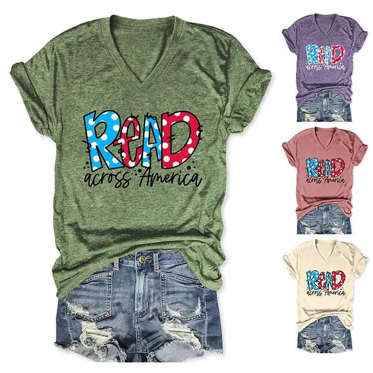 

Летняя Повседневная футболка с V-образным вырезом, модный Свободный Топ с принтом чтения по всей Америке и коротким рукавом