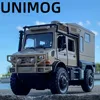 1:28 Benz Unimog Motorhome Toy Car Model Alloy Diecast Sound Light Pull Back Doors Opened Toys Vehicles Children Birthday Gifts 1