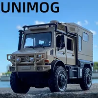1:28 Benz Unimog Motorhome Toy Car Model Alloy Diecast Sound Light Pull Back Doors Opened Toys Vehicles Children Birthday Gifts 1
