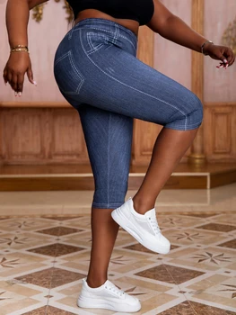 Women's Plus Size Imitation Denim Print Capri Leggings Stylish Elastic Knit Sporty Pants Comfortable and Fashionable Mid-Lengt