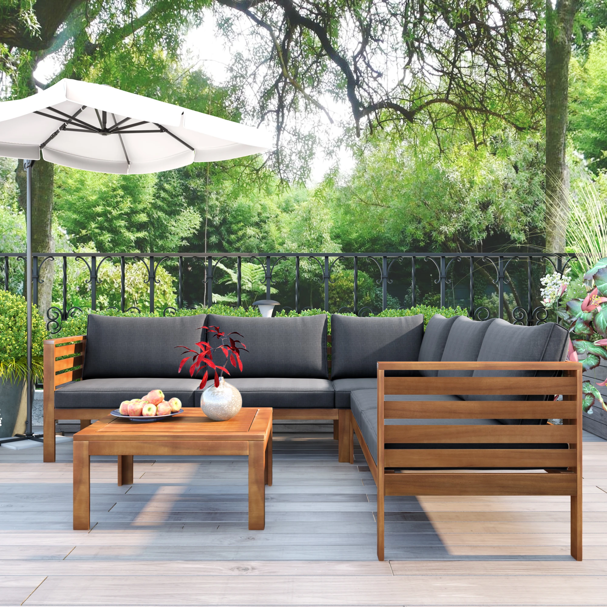 Wood Structure Outdoor Sofa Set with gray Cushions Exotic design Water-resistant and UV Protected Texture Strong Metal Accessori