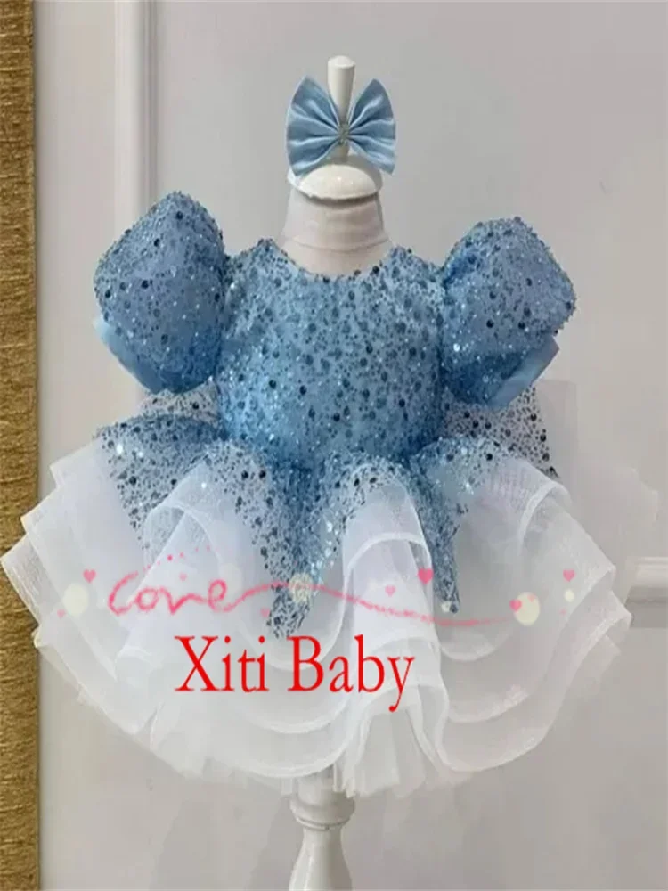 Luxurious Flower Girl Dress Scoop Neck Puff Girls Party Dresses for Wedding Puff Sleeves Tulle Kids Christmas Ceremonial Dress