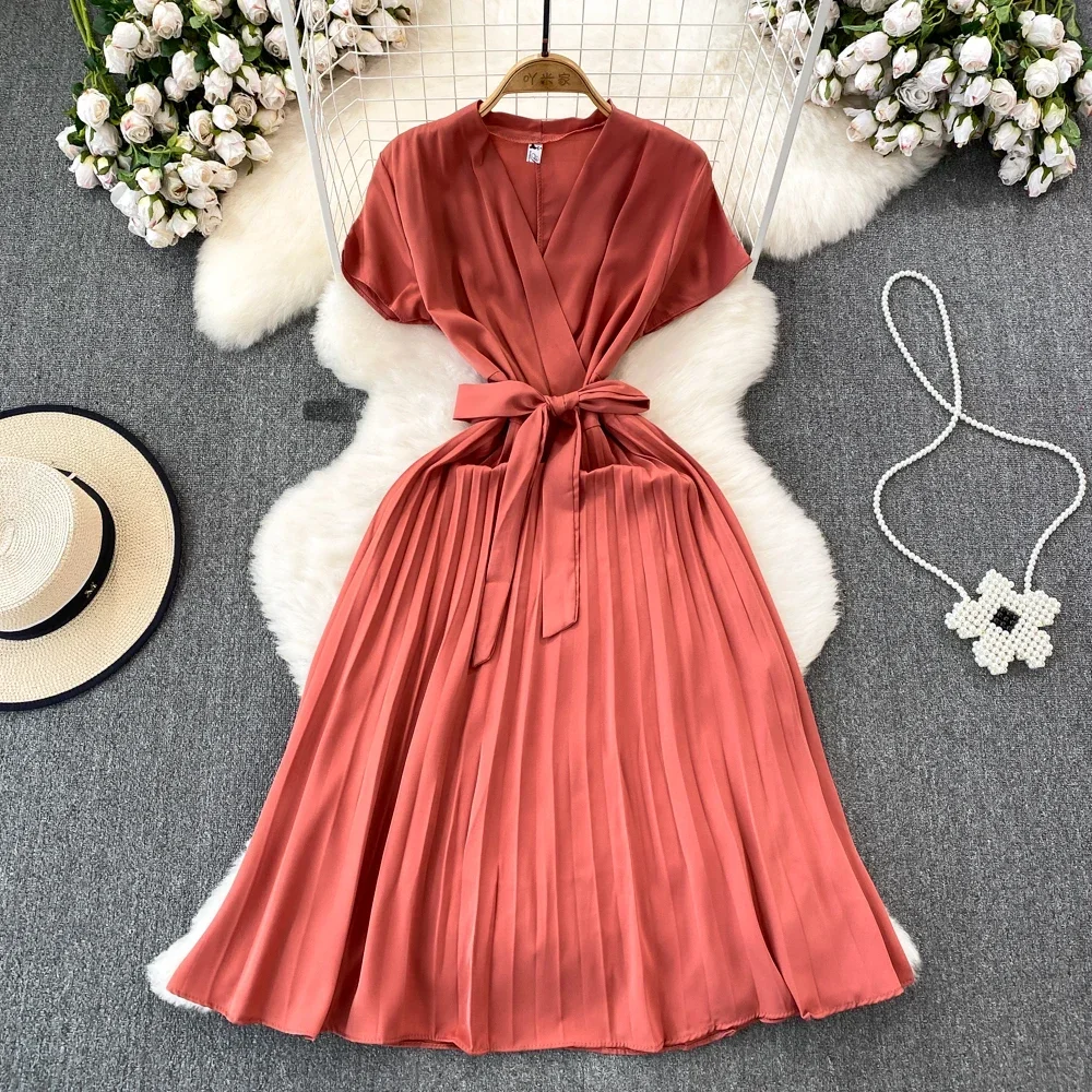 

Elegant Solid V-neck Short Sleeve Folds Vestido Women Casual Lace-up Pleated Chiffon Dress New Tide Summer